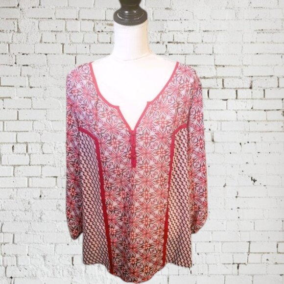 Zac & Rachel Red, White and Black Long Sleeve Peasant Blouse with Split V Neck - Picture 1 of 7